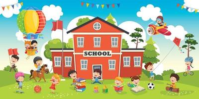 Funny Students and School Building vector