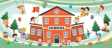 Funny Students and School Building vector