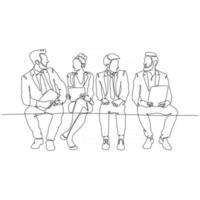 continuous line drawing of men and women sitting waiting in line for interviews vector illustration