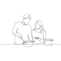 dibujo de líneas continuas de personas que cocinan con actividades felices dibujadas a mano durante la familia vector