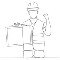 continuous line drawing of construction worker carrying information board vector illustration