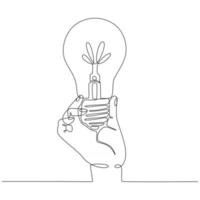 continuous line drawing of a hand holding a lamp, vector illustration