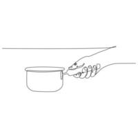 continuous line drawing of a hand holding a cooking pot vector illustration
