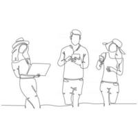 continuous line drawing of young people using technology vector illustration