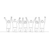 continuous line drawing A group of people holding hands, hands raised. Line drawing vector illustration.