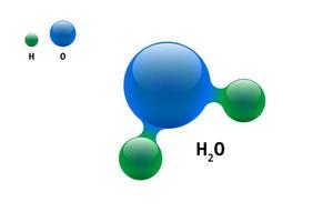 modelo de química molécula agua h2o fórmula de elemento científico. Partículas integradas inorgánicas naturales constituidas por estructura molecular 3d. dos esferas aisladas de vector de átomo de volumen de hidrógeno y oxígeno