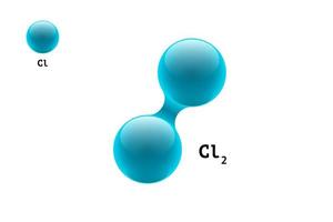 modelo de química molécula cloro diatómico cl2 fórmula de elemento científico. partículas integradas gas inorgánico estructura molecular 3d que consiste. dos esferas vectoriales de combinación de átomos de volumen vector