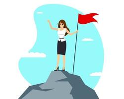 Successful businesswoman with red flag on mountain peak. Business woman climbing up on top career ladder. Female goal achievement and leadership concept. Symbol of success and victory enjoy vector