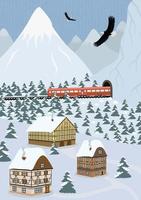 Winter hand drawn poster country scene in alpine mountains. Express train travels on railway and exits tunnel. Vector landscape snowy slopes with fir forest and European houses of highland settlement