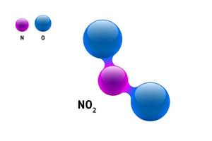 modelo de química molécula dióxido de nitrógeno no2 fórmula de elemento científico. Partículas integradas inorgánicas naturales constituidas por estructura molecular 3d. dos esferas de vector eps de átomo de volumen de oxígeno y azote