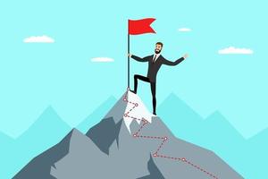 Successful businessman with red flag on mountain peak. Business man climbing up on top career ladder. Male goal achievement and leadership concept. Symbol of success and victory enjoy eps illustration vector