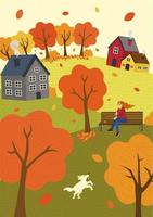 Autumn mood hand drawn fall season nature. Girl on park bench in wind and walks dog. Lawn hills and trees. Countryside rest rustic scene vector illustration for poster, banner, card, brochure or cover