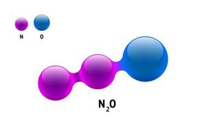 Chemistry model molecule nitrogen oxide N2O scientific element formula. Integrated particles natural inorganic 3d molecular structure consisting. Two nitrous azote and oxygen volume atom vector sphere