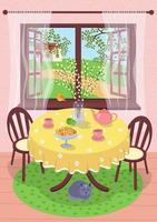 Spring village rest scene eps poster. Country house interior. Outside open window through tree foliage springtime field and warm pleasant day. Cat under table. Tea set. In glass vase willow branches vector