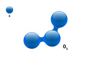 Chemistry model molecule ozone O3 gas scientific element formula. Integrated particles natural inorganic 3d molecular structure consisting. Three oxygen blue volume atom vector spheres