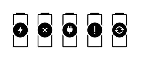 Battery charge indicator status icon set. Gadgets accumulator faulty broken needs charging error replace pictograms. Vector power illustration