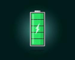 High electric power green battery charged energy indicator with lightning icon. Full battery indicating cylinder symbol. Vector accumulator energy level load eps illustration