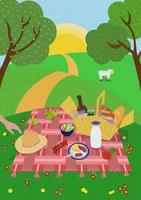 Summer picnic in setting sun nature. Lawn, hills and trees, cow grazes meadow. Blanket with food and drink basket. Cute handwritten summertime weekend rest vector illustration eps poster