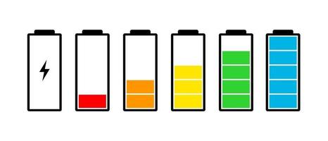 Battery charge indicator icons set. Charging level full power low to high up and electric plug. Gadget flat energy status vector illustration