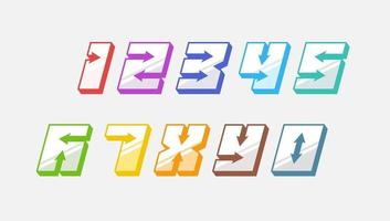 Numbers colourful set in 3d italic vintage style with arrows in speedy srtyle trendy typography consisiting of 1 2 3 4 5 6 7 8 9 0 for poster design or greeting card. Vector modern font EPS 10