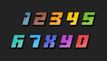 Numbers colourful set in 3d italic vintage style with arrows in speedy srtyle trendy typography consisiting of 1 2 3 4 5 6 7 8 9 0 for poster design and or greeting card. Vector modern font EPS 10