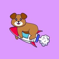 Cute dog flying on rocket. Animal cartoon concept isolated. Can used for t-shirt, greeting card, invitation card or mascot. Flat Cartoon Style vector