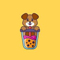 lindo perro bebiendo té con leche de boba. aislado concepto de dibujos animados de animales. Puede utilizarse para camiseta, tarjeta de felicitación, tarjeta de invitación o mascota. estilo de dibujos animados plana vector