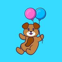 lindo perro volando con dos globos. aislado concepto de dibujos animados de animales. Puede utilizarse para camiseta, tarjeta de felicitación, tarjeta de invitación o mascota. estilo de dibujos animados plana vector