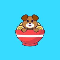 Cute dog eating ramen noodles. Animal cartoon concept isolated. Can used for t-shirt, greeting card, invitation card or mascot. Flat Cartoon Style vector