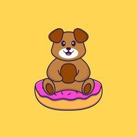 Cute dog is sitting on donuts. Animal cartoon concept isolated. Can used for t-shirt, greeting card, invitation card or mascot. Flat Cartoon Style vector