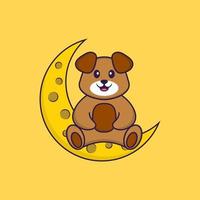 Cute dog is sitting on the moon. Animal cartoon concept isolated. Can used for t-shirt, greeting card, invitation card or mascot. Flat Cartoon Style vector