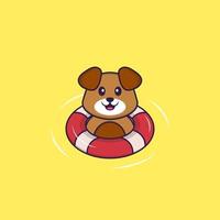 Cute dog is Swimming with a buoy. Animal cartoon concept isolated. Can used for t-shirt, greeting card, invitation card or mascot. Flat Cartoon Style vector