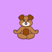 Cute dog is meditating or doing yoga. Animal cartoon concept isolated. Can used for t-shirt, greeting card, invitation card or mascot. Flat Cartoon Style vector