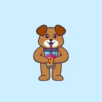 Cute dog Drinking Boba milk tea. Animal cartoon concept isolated. Can used for t-shirt, greeting card, invitation card or mascot. Flat Cartoon Style vector