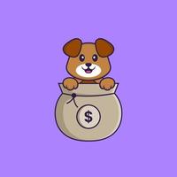 lindo perro jugando en la bolsa de dinero. aislado concepto de dibujos animados de animales. Puede utilizarse para camiseta, tarjeta de felicitación, tarjeta de invitación o mascota. estilo de dibujos animados plana vector