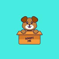 Cute dog in box with a poster Adopt me. Animal cartoon concept isolated. Can used for t-shirt, greeting card, invitation card or mascot. Flat Cartoon Style vector