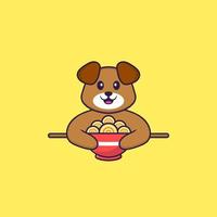 Cute dog eating ramen noodles. Animal cartoon concept isolated. Can used for t-shirt, greeting card, invitation card or mascot. Flat Cartoon Style vector