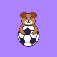 Cute dog playing soccer. Animal cartoon concept isolated. Can used for t-shirt, greeting card, invitation card or mascot. Flat Cartoon Style vector