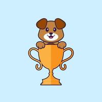 lindo perro con trofeo de oro. aislado concepto de dibujos animados de animales. Puede utilizarse para camiseta, tarjeta de felicitación, tarjeta de invitación o mascota. estilo de dibujos animados plana vector