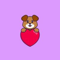 lindo perro sosteniendo un gran corazón rojo. aislado concepto de dibujos animados de animales. Puede utilizarse para camiseta, tarjeta de felicitación, tarjeta de invitación o mascota. estilo de dibujos animados plana vector