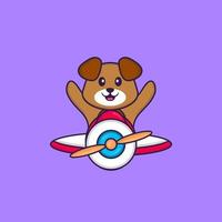 Cute dog flying on a plane. Animal cartoon concept isolated. Can used for t-shirt, greeting card, invitation card or mascot. Flat Cartoon Style vector