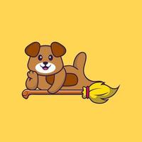 Cute dog lying on Magic Broom. Animal cartoon concept isolated. Can used for t-shirt, greeting card, invitation card or mascot. Flat Cartoon Style vector