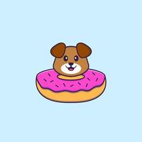 Cute dog with a donut on his neck. Animal cartoon concept isolated. Can used for t-shirt, greeting card, invitation card or mascot. Flat Cartoon Style vector