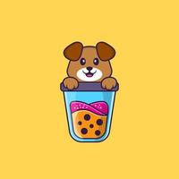 lindo perro bebiendo té con leche de boba. aislado concepto de dibujos animados de animales. Puede utilizarse para camiseta, tarjeta de felicitación, tarjeta de invitación o mascota. estilo de dibujos animados plana vector