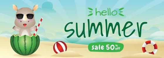 summer sale banner with a cute rhino in the watermelon vector