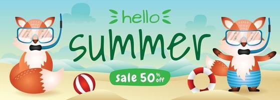 summer sale banner with a cute fox couple using snorkeling costume in beach vector