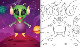 coloring book for kids with a cute alien in the space galaxy vector