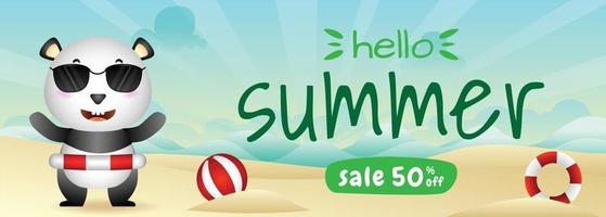 summer sale banner with a cute panda using lifebuoy ring vector