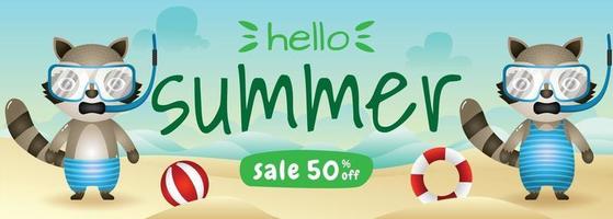 Banner de venta de verano con una linda pareja de mapaches con traje de snorkel en la playa vector