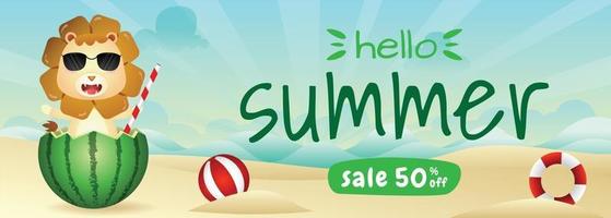 summer sale banner with a cute lion in the watermelon vector